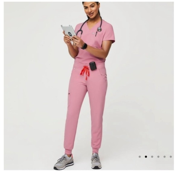 Figs Pants - FIGS Chalk Pink Scrub Set V-Neck Top & Zamora Jogger Pants- Medium